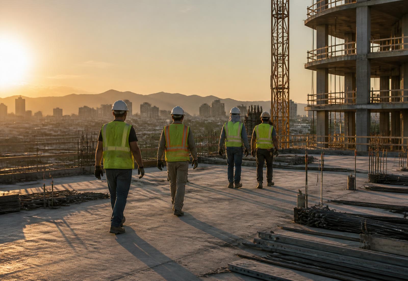A construction crew crossing a concrete deck on a Phoenix jobsite at sunset